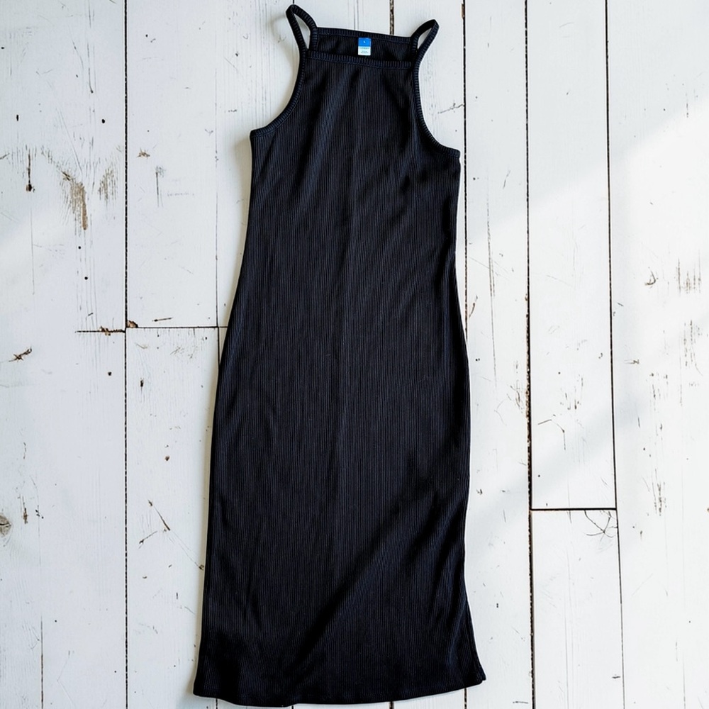 Old Navy Ribbed Black Midi Dress Size Large Sleeveless Bodycon Casual Minimalist